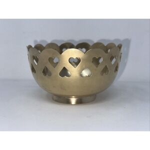 Vintage Solid Brass Heart Cut Out Bowl Scalloped Edge India Polished Gold 4.75"